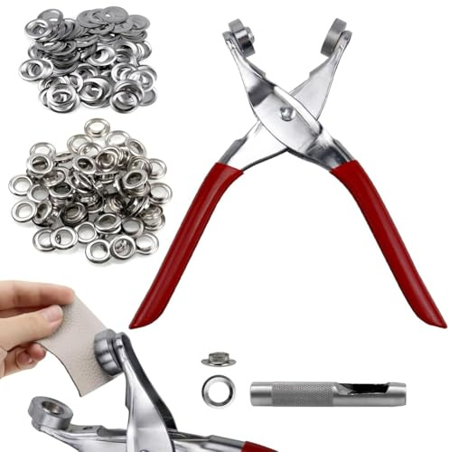 Asyduey Kit de Herramientas para Ojales de 1/2 Pulgada, Kit para Ojales, Alicates para Perforar con 200 Ojales de Metal Plateado para, Cinturones, Zapatos, Tela