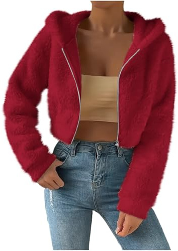 Chaqueta de felpa corta con capucha para mujer, chaqueta de piel para mujer, para boda, con cremallera, chaqueta de forro polar, elegante chaqueta de felpa mullida, chaqueta bolero, chaqueta corta de