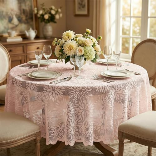 Artoid mode spets jacquard blommor rosa dahlior vår bordsduk rund 150 cm, säsongsbetonad sommar bordslinne kök dekoration festdekor
