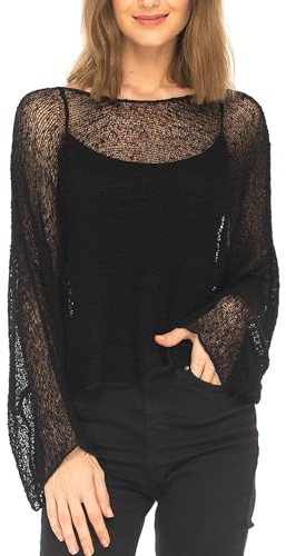 SHU-SHI Poncho Sheer Shrugs for Women Summer Top Knit Blouse Lightweight Black