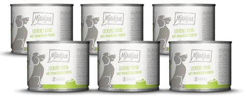 MjAMjAM - comida húmeda premium para perros - deliciosa ternera sobre patatas hervidas con guisantes crujientes, pack de 6 (6 x 200 g), natural con extra de carne
