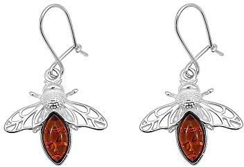 Kiara Jewellery Pendientes de plata de ley con diseño de abeja voladora con ámbar báltico marrón., Plata de ley, Ámbar