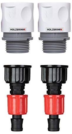 HOLZBRINK Set zum Anschluss von Tropfschlauch 16mm an den Wasserhahn: 2X Schnellanschluss 20mm, 2X Verbindung TT 20mm auf 16mm