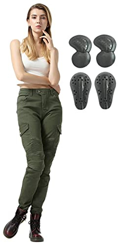 Motorcykelbyxor för kvinnor, skyddande jeans för motorcykel stretch armoured ridning motocross racingbyxor med avtagbar rustning och flera fickor (grön, XS)