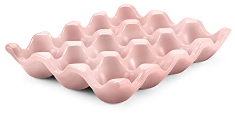 Flexzion Bandeja para huevos de cerámica para 12 huevos, soporte para huevos de porcelana, organizador de almacenamiento, soporte decorativo para frigorífico, encimera, cocina (rosa)