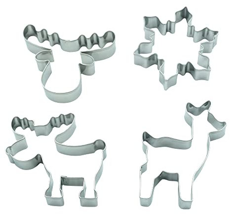 BekkiB - 4er-Set „Elch“ - Ausstecher in Form von Elch, Elchkopf mit Geweih, Reh, Schneeflocke - Spülmaschinengeeignete Edelstahl-Ausstechformen - 2374