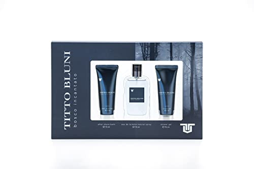 TITTO BLUNI - Bosco Incantato, Estuche de Regalo para Hombre, Colonia Perfumada, Eau de Toilette Masculina, Madera, Larga Duración, Madera, Perfume 75 ml + Gel de Baño 75 ml + After Shave 75 ml