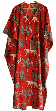 INDACORIFIE Jugle Block Print Women Dress, Abito Indiano Lungo Kaftan Fatto a Mano, Tessuto di Puro Cotone Stitch Kaftan, Abito da Notte da Donna Kimono Art Multi