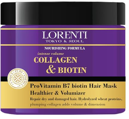 LORENTI TOKYO & SEOUL Mascarilla para el cabello, 500 ml, colágeno y biotina, para cabello seco, dañado, denso y encrespado | Contiene vitamina B7 y proteínas para hidratar el cabello