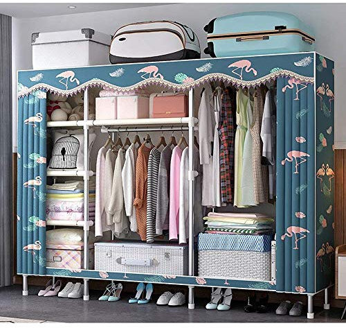 WIQUYBML Stoffschränke, Leinen-Kleiderschrank, doppelt, 19 mm Dickes Stahlrohr mit Kleiderstange, für Wohnzimmer, Arbeitszimmer, Kleidung, Schuhe, E (A)