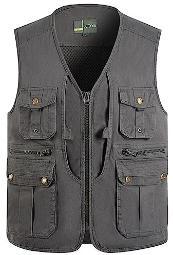 Duohropke Gilet d'extérieur pour homme avec plusieurs poches pour la chasse et la pêche, le camping, la randonnée, les loisirs, gris, XXL