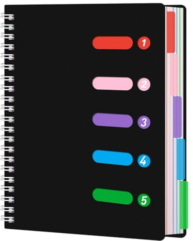 Koogel A4 Notebook with Dividers 5 Sections, Spiral PVC Cover School | 110 Pages, 80gsm Paper & 360° Fold-Back Spiral, Ideal Project Notebook for School, Stationery & Teacher Use