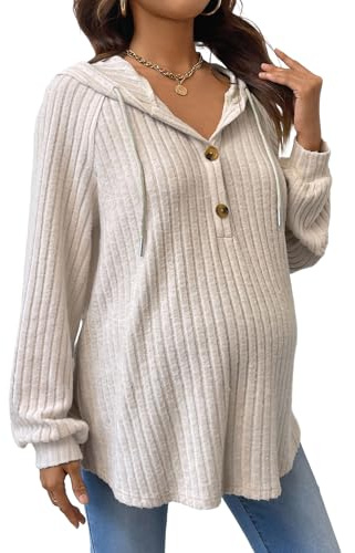 BEAUDRM Women's Maternity Half Button Sweatshirts Long Sleeve Ribbed Knit Pregnancy Shirt Spring Clothes Khaki Large