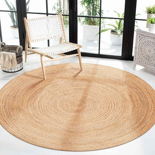 Craft Trade Hand Woven Jute Area Rug Farmhouse Reversible Braided Farmhouse Chic in Living Room Rustic Natural Fiber Indoor Outdoor Kitchen Bedroom (4 FT, Round)
