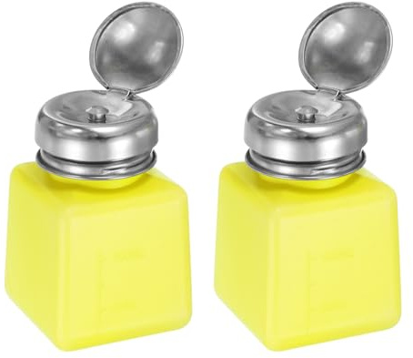 HARFINGTON 2pcs Solvent Alcohol Dispenser 100ml(3.4oz) Push Down Liquid Dispenser Pump Bottle with Sealing Stainless Steel Lid for Acetone Cleanser Polish Remover, Yellow