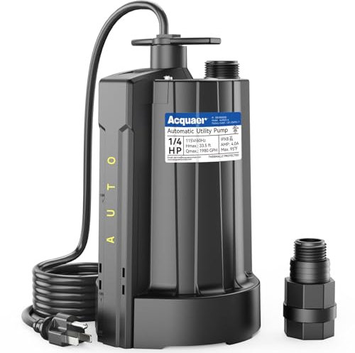 Acquaer Automatic Submersible Water Pump, 115V Sump Pump with 3/4” Garden Hose Adapter, High Flow Water Removal for Swimming Pool Cover Hot Tubs Flooded House Basement, 1/4 HP 1980 GPH