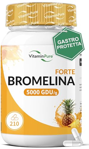 Bromelina Forte 5000 GDU/g, 210 Capsule Gastro-Resistenti (Fino a 7 mesi di Fornitura) Estratta naturalmente dall'Ananas - VitaminPure