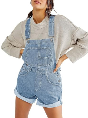Vanchenl Damen Casual Denim Overall Shorts Lose Verstellbare Träger Latzhose Bib Jeans Shortalls Rompers Hosen Hellblau M