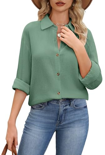 CMTOP Camisa Mujer Oversize Blusas Manga Larga Cuello en V Elegantes Camiseta con Botón Otoño Primavera Algodón Casual Suelta T Shirts (Verde, M)