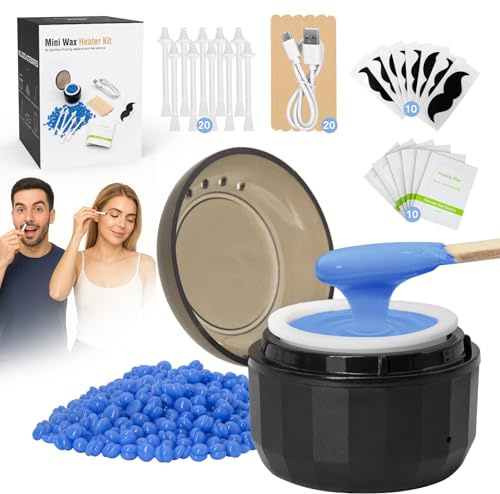 Portátil Calentador de Cera Depilatoria para Nariz - 50 g Cera Dura | 40 Aplicadores | 10 Protectores para Barba | 10 Paños de Limpieza, Kit de Cera Depilatoria Facial para Hombres Y Mujeres