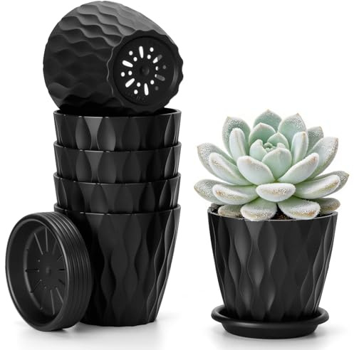 Romon Maceteros Decorativos Interior, Set de 6 Macetas de Plástico con Apertura Base 10cm, Macetas Pequeñas en PP para la Cocina, balcón, Plantas de jardín, Macetas Vivero con Agujero Drenaje, Negro