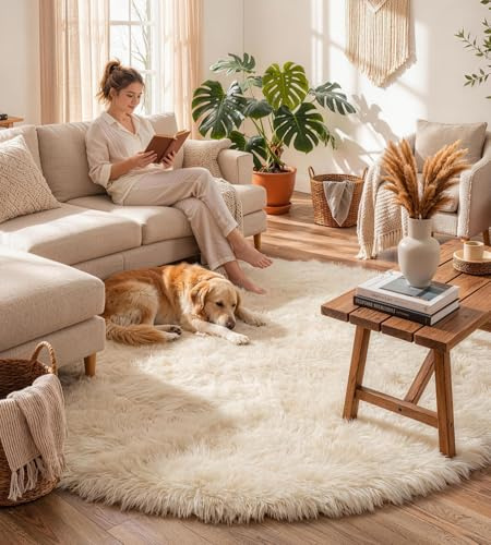 VOFUSHON Tapis Rond à Poils Longs 150 CM Crème Tapis Chambre Lavable Antidérapant Ultra-Doux Grand | Poils longs, lavable, certifié Oeko-Tex, mousse de rebond 35D, chambre à coucher, dessous antidérapant, moelleux