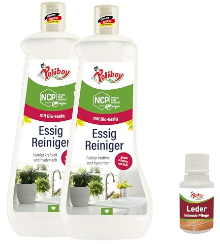 POLIBOY NCP rengöringsmedel för vinäger – kalklösande vinäger för kök och badrum – hushållsrengöring på naturlig basis – 2 x 1 l – med produktprov – Tillverkad i Tyskland