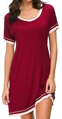 FANSU Chemise de Nuit Femme Manche Courte Sexy Pyjamas Élégant Robe de Nuit Col en V en Simple T Shirt Vêtement de Nuit Couleur Unie Grande Taille (XXL,Vin Rouge)