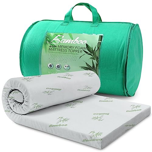 GC GAVENO CAVAILIA Memory Foam Bamboo Mattress Topper Double Bed, Anti-Bacterial & Anti Allergy Soft Comfy 4cm Thick White Firm Mattress Topper Bed Pad
