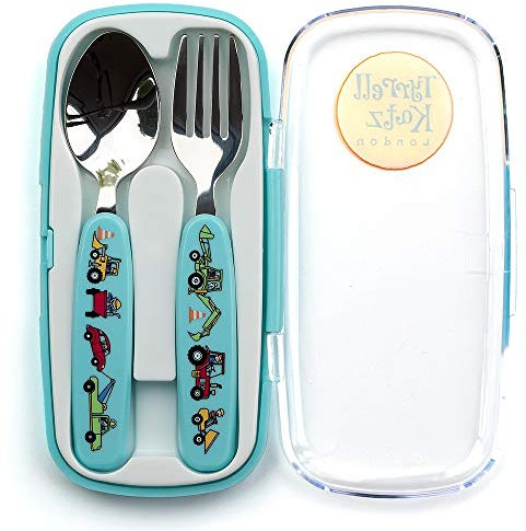 Tyrrell Katz Kids Trucks Printed 2 Piece Cutlery Set in Blue with Case - Dishwasher Safe Flatware Children's Fork and Spoon - 15 x 8 x 2 cm