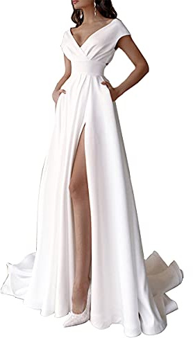 ORANDESIGNE Robe Longue Femme Été sans Manches Col en V Robe Cocktail Mariage Soiree Cérémonie Dos Nu Clubbing Sexy Satin Soiree Moulante Robe Blanche S