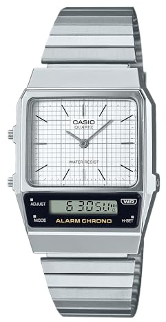 Casio Unisex AQ-800E-7A Vintage Analog-Digital Watch, Retro 1980s Design, Stainless Steel Band, Dual Time, 1/100-Second Stopwatch, Daily Alarm, Water Resistant, Adjustable Clasp, Silver