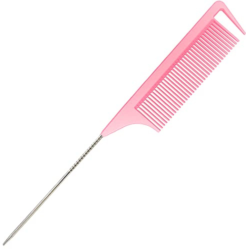 LLTGMV 9.3'' Rat Tail Comb for Hair Stylist, Parting Combs for Braiding hair, Rattail Comb with Metal Stainless Steel Pintail for Sectioning, Teasing and Styling (Pink)