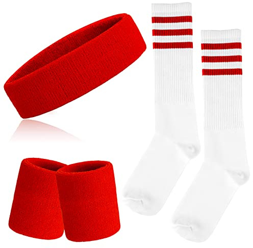ONUPGO Juego de 5 bandas para el sudor y calcetines a rayas, bandas para el sudor, calcetines altos a rayas para hombres, mujeres, deportes y fiestas de los 80 (rojo)