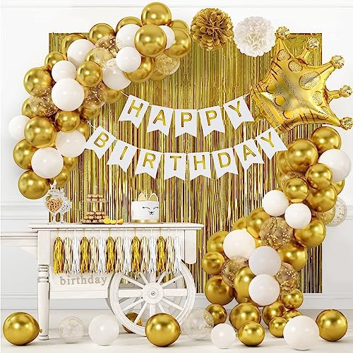 Geburtstagsdeko, Weiß Gold Geburtstag Party Deko für Frauen Mann Mädchen Jungen, Luftballons Geburtstag Dekoration Set mit Happy Birthday Girlande, Geburtstag Hintergrund, Konfetti Ballons