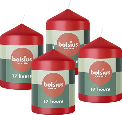 Bolsius Pillar Candles - Red - 4-Pack - 8 x 6 cm - Decorative Household Candles - Long Burning Time of 17 Hours - Unscented - Includes Natural Vegan Wax - Without Palm Oil