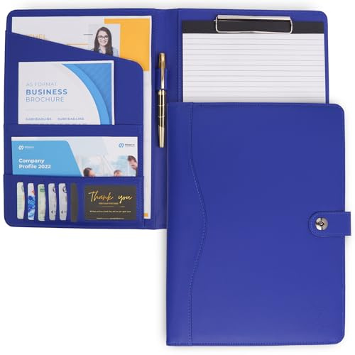AMKSONS Geschäft AMKSONS Étui d'écriture A4 en bleu avec presse-papiers et bloc-notes DIN A4 - Dossier de conférence en cuir PU de qualité supérieure avec compartiments pour documents, porte-stylos,