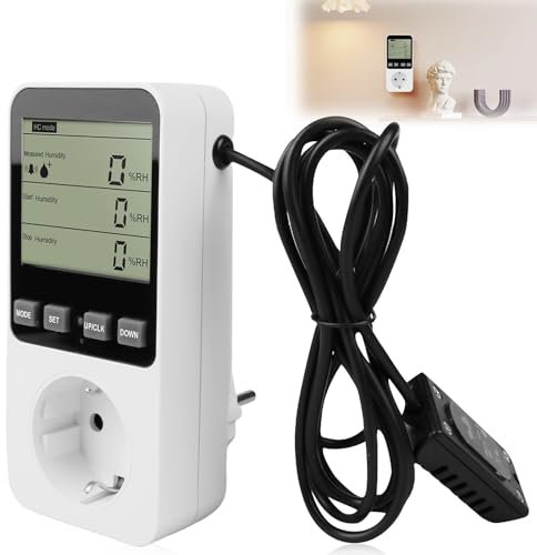 Thermostat Hygrostat 230V, Temperaturregler Steckdose mit LCD Bildschirm, Digital Feuchtigkeitsregler, Play und Plug Temperatur Feuchtigkeit Regler für Gewächshaus, Aquarium, Terrarium, Reptilien