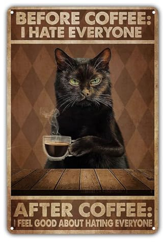 KONFEN Cartel de Chapa Gato Retro, Gato Bebiendo Café Cartel de Metal Póster Tin Sign Wall Decor, Letrero Artístico de Metal para Puerta Casa Bar Pubs Cafetería para Cat Lovers 12 x 8 Pulgadas