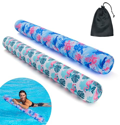 Inflatable Swimming Pool Noodle, 2 Pack Soft Fabric Quick Drying Covered Large Pool Floats Noodles, Premium Buoyancy Swim PoolFloats with Portable Storage Bag for Pool Party Toy (Flamingos/Turtles)