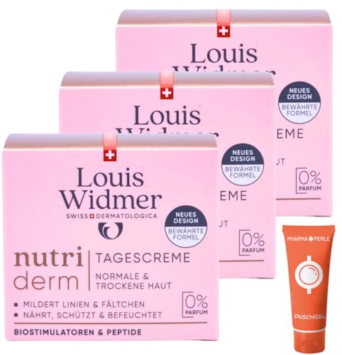 Louis Widmer nutriderm Tagescreme unparfümiert 3x 50 ml I Anti-Ageing Pflege für normale und trockene Haut I mit Hyaluron, Shea Butter und Feuchtigkeitsspendern I Spar-Set plus Pharma Perle give-away