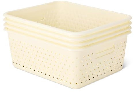 Amazon Basics Decorative BPA-Free Plastic Storage Baskets, 13.66 x 11.34 x 5.39 inches, Ivory, 4-Pack
