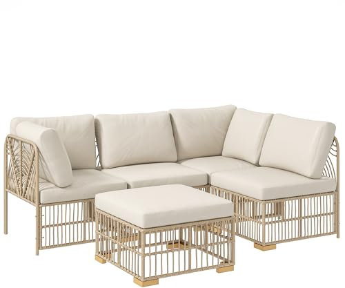 Outsunny Ecklounge-Set aus Polyrattan Gartenlounge mit Sessel Ecksofa Kissen Hocker Balkonmöbel wetterfest Gartenmöbel Set für 5 Personen Outdoor Sitzgruppe für Balkon Garten Naturholz+Cremeweiß