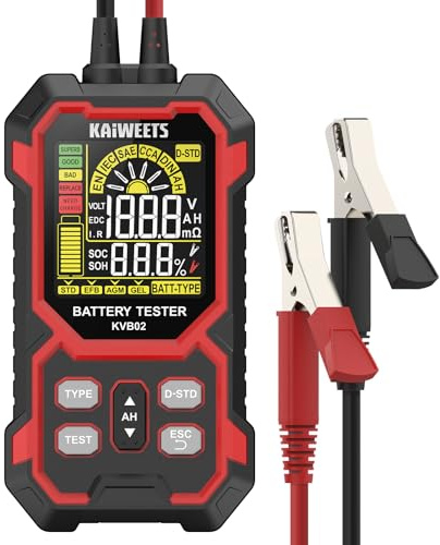 KAIWEETS Tester Batteria Auto 12V/24V Digitale Test Batteria Auto 50–2000 CCA con Analisi SOH/SOC Display LCD Test Avviamento per Veicolo/SUV/Veicolo
