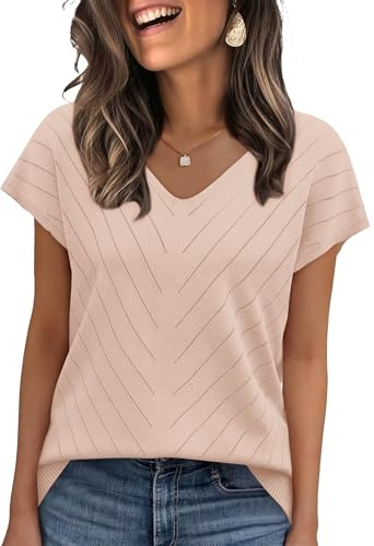 WIHOLL Women's Jumpers Short Sleeve V-Neck Knit Ladies Tops Summer Spring Sweaters Casual T Shirts for Women UK Apricot XL