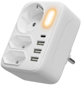 HITRENDS uttagsadapter 3-vägs med strömbrytare, vägguttag med nattlampa och USB-portar, uttagsadapter med 2 USB (2,4 A), 1 USB C (3 A) och Schuko-kontakt, 3 500 W uttagsadapter med barnsäkerhet