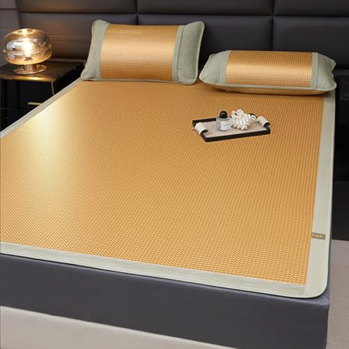 OAKVYNE Stuoie Per Dormire Estive Pieghevole E Traspirante, Stuoia Di Bambù Per Letto Matrimoniale, Tappetino Per Dormire In Bambù Per Il Raffreddamento Estivo(Yellow,150 x 195cm/59.06 x 76.77in)