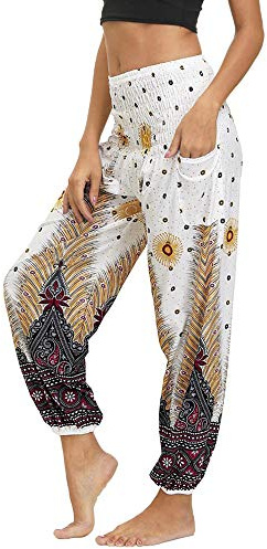 Nuofengkudu Mujer Hippies Pantalones Harem Tailandeses Boho Estampados Bolsillos Cintura Alta Baggy Yoga Pants Verano Playa Fiesta (Blanco Pavo,Talla única)