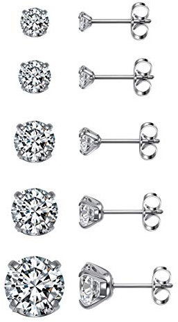 Top Plaza Silver Stainless Steel Stud Earrings for Women Men Round Cubic Zirconia Hypoallergenic CZ Stud Earring Set 3mm-8mm