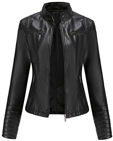 DISSA Veste biker femme en simili cuir Veste courte zip,Noir,46